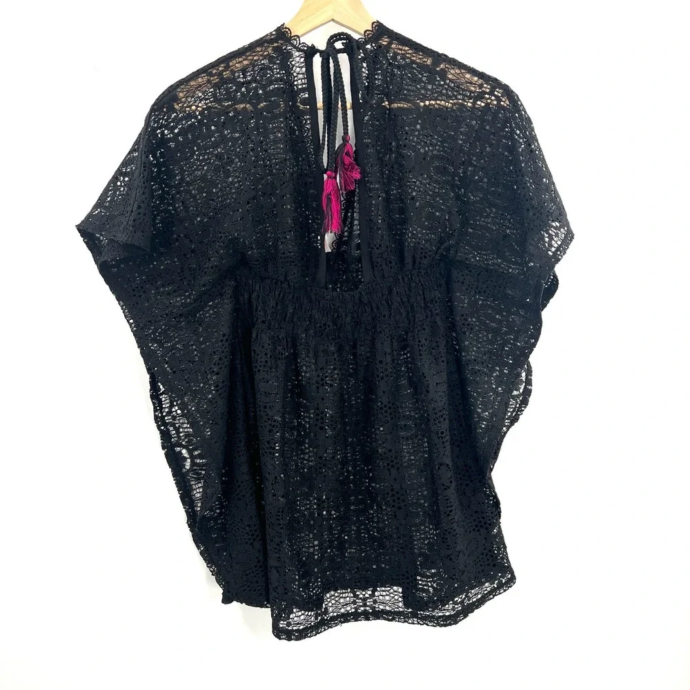 whimsigoth lace‎ poncho style swim cover-up tropical resort black beach pool S